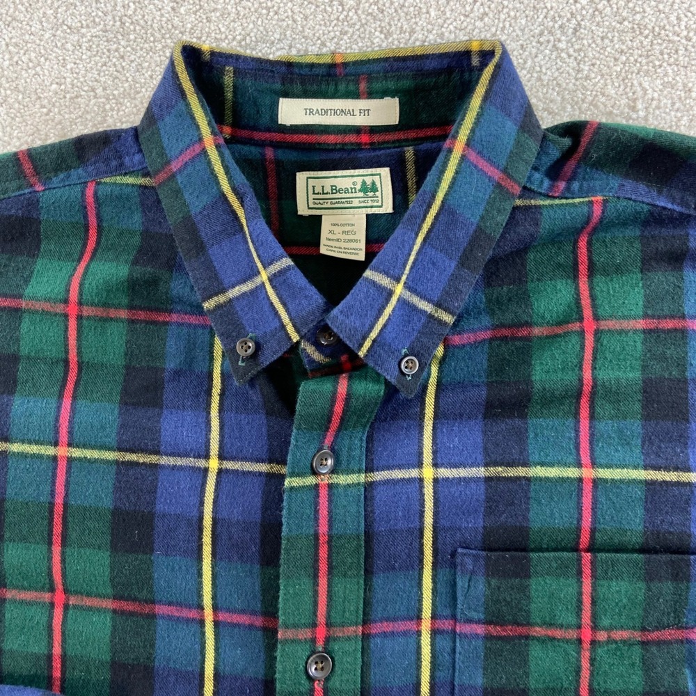 LL Bean Flannel Shirt Mens XL Blue Green Plaid Traditional Fit 228061